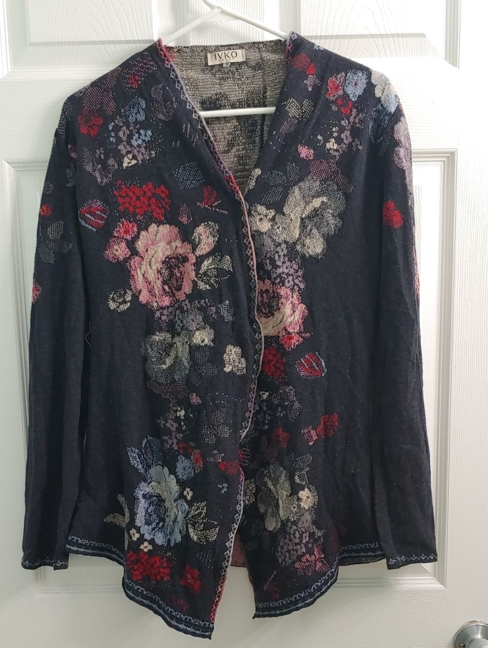 IVKO Wool Cardigan Antique Floral Gray Button Sweater Size 36